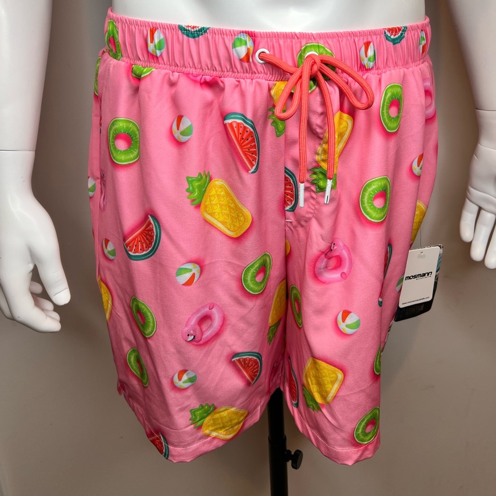 MOSMANN AUSTRALIA BATHING SUIT, TRUNKS, PINK BASE W/TROPICAL FRUITS, 360 STRETCH